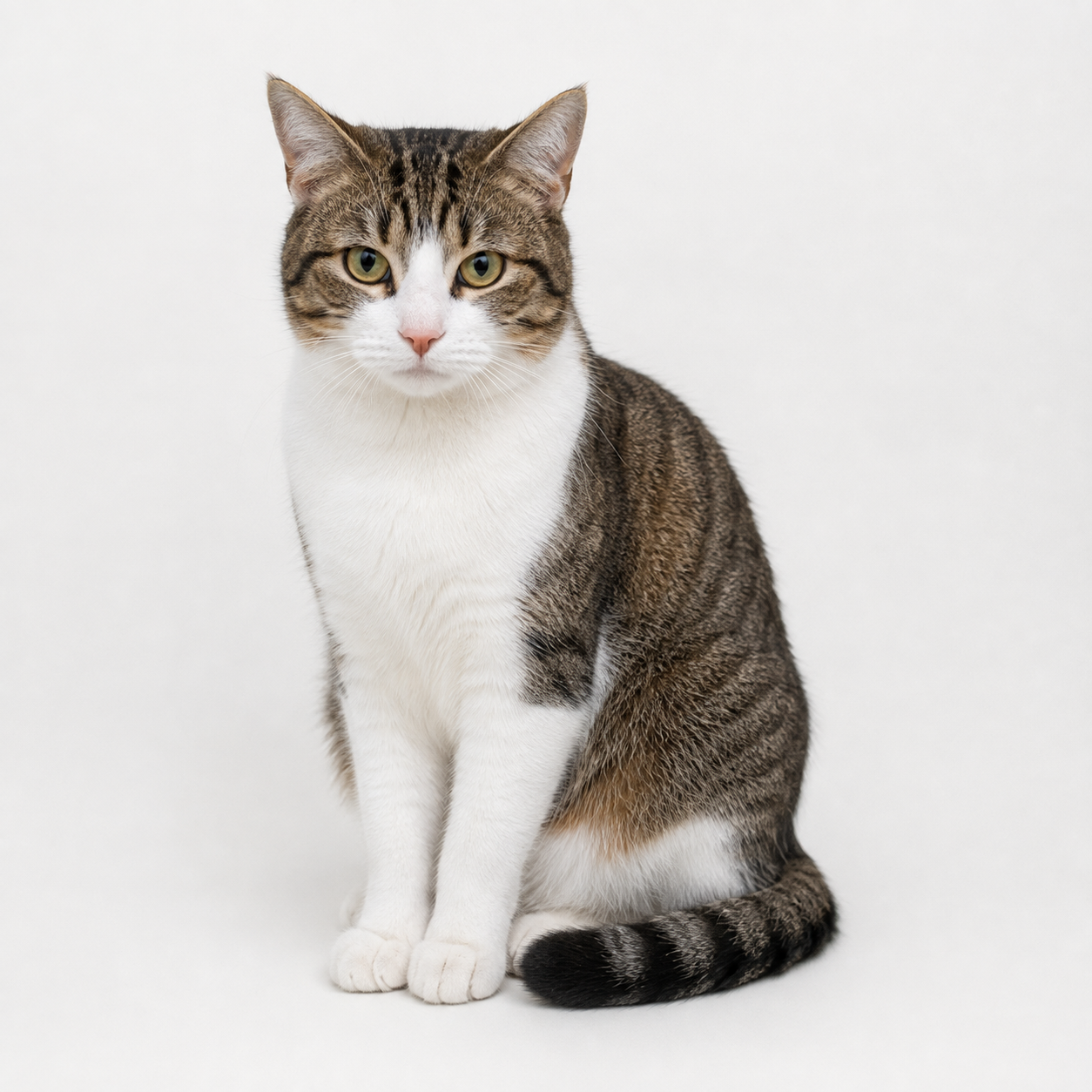 Moon, chatte tabby brune et grise bicolore, poitrail et pattes blancs