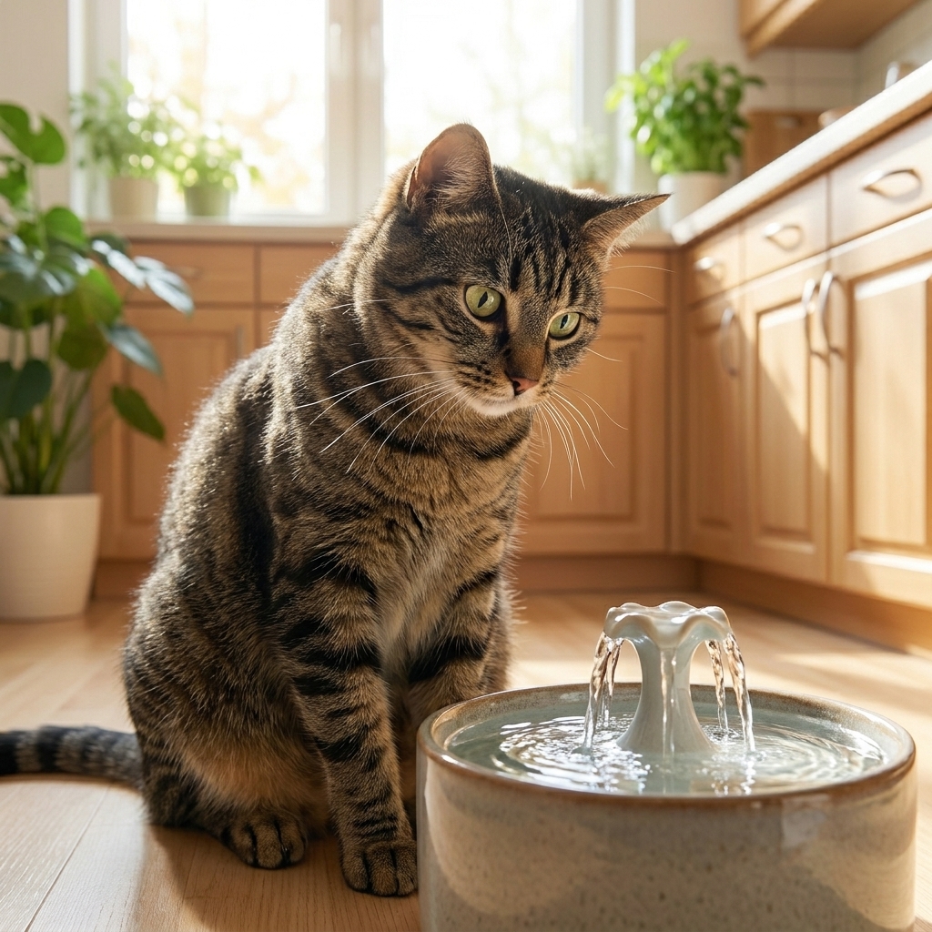 Radja le chat assis pres d une fontaine a eau pour chat dans une cuisine lumineuse