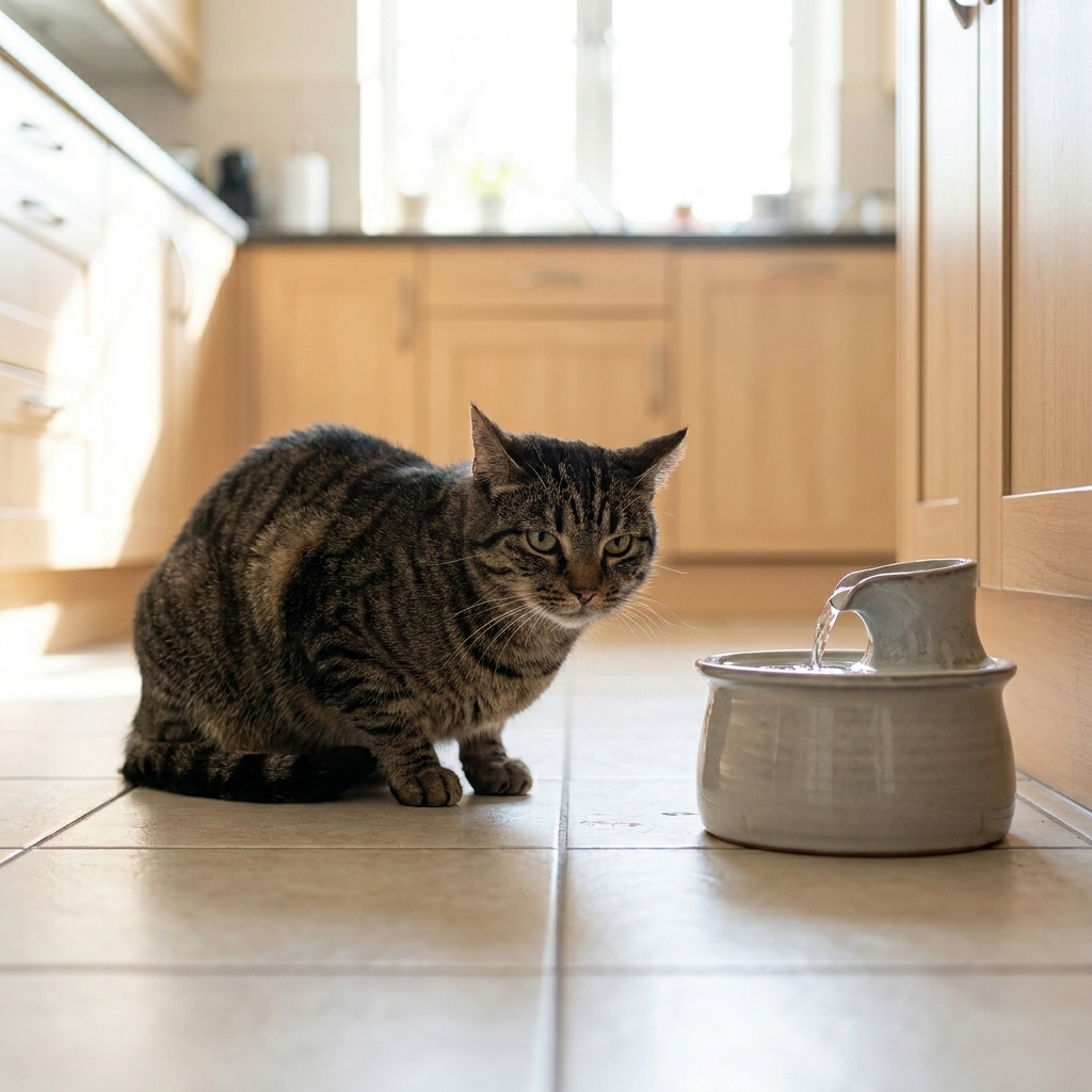 Chatte méfiante face à une fontaine à eau pour chat posée sur le sol d'une cuisine lumineuse